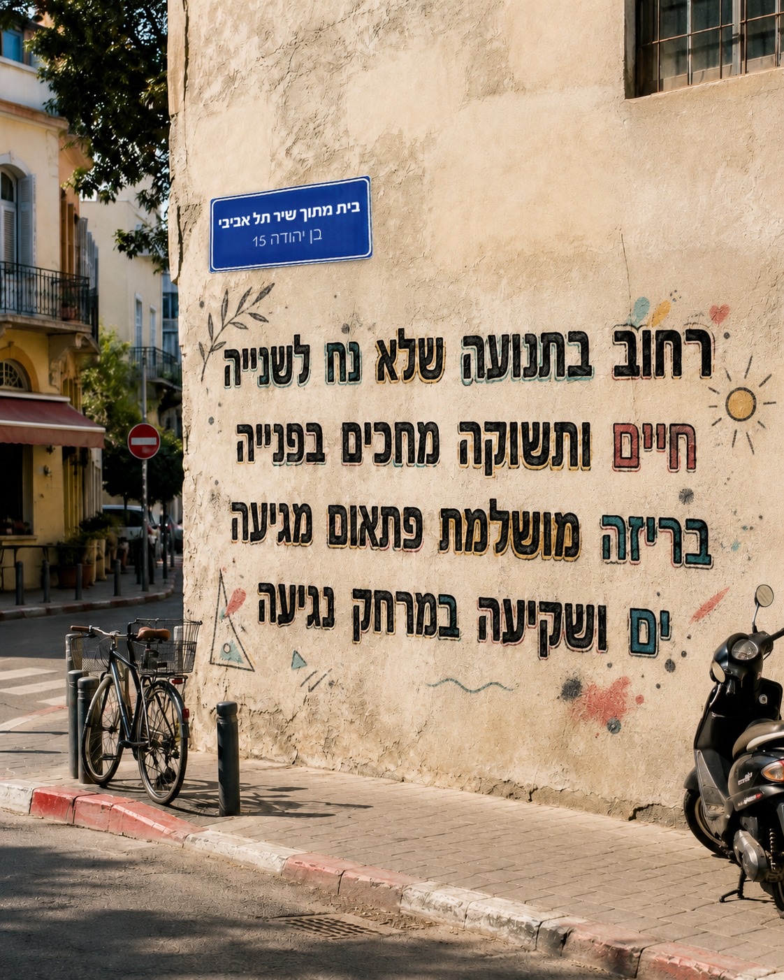 פינת רחוב שקטה בתל אביב, אופניים ושיר כתוב על קיר