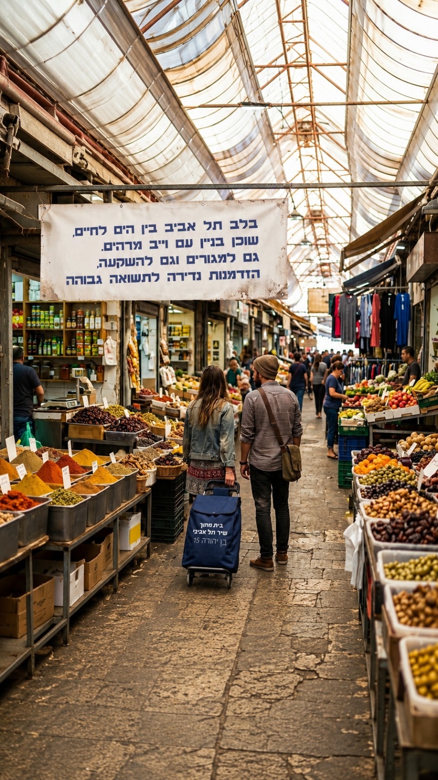 דוכני ירקות וקונים בשוק הכרמל